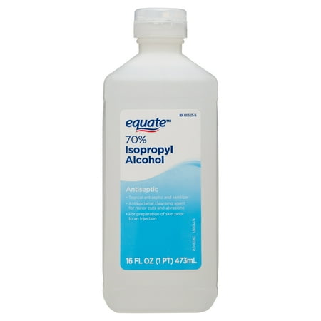 En gjennomsiktig plastflaske med Equate 70% Isopropyl Alcohol Liquid, 16 Fl Oz, med blå og hvit etikett
