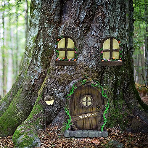 Dmyifan Resin Fairy Dør- og vindussett med Glow in the Dark-vinduer, miniatyrskulptur for trær, utendørsdekortilbehør