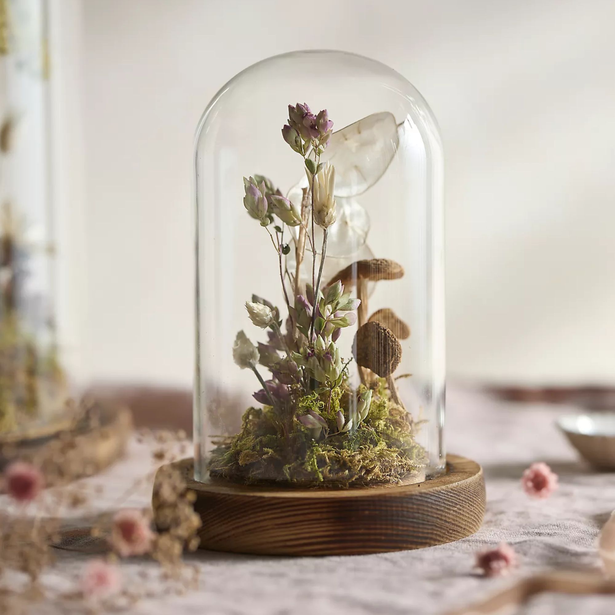 Et kuppelformet terrarium fylt med tørkede blomster