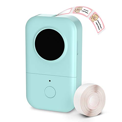Aqua blue Label Maker Machine med rull med hvite etiketter ved siden av