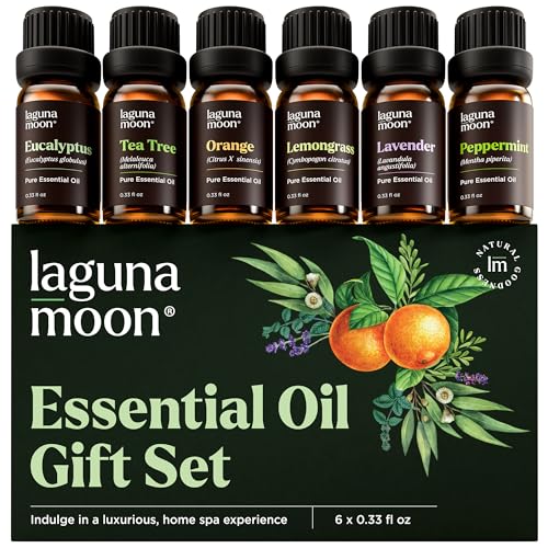 6 gule glassflasker med peppermynte, tetre, lavendel, eukalyptus, sitrongress, eterisk appelsinolje