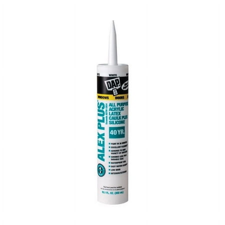 Et plastrør med en lang rett munnstykke av lateks silikon caulk. Blå tekst på beholderen, svart DAP-merke