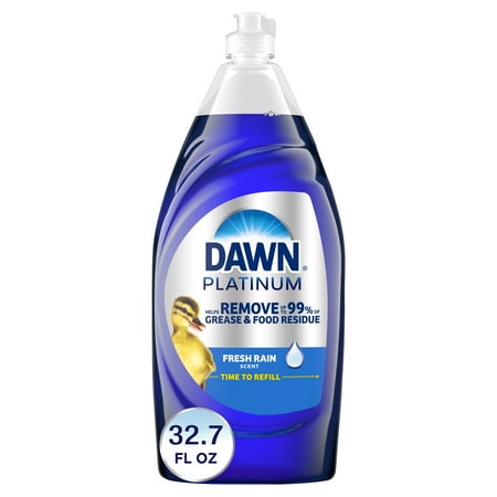 En klar plast oppvaskmiddelflaske med mørkeblå væske inni. Dawn-merket klistremerke foran