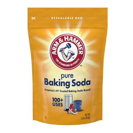 En gul gjenlukkbar plastpose med Arm & Hammer Pure Baking Soda.