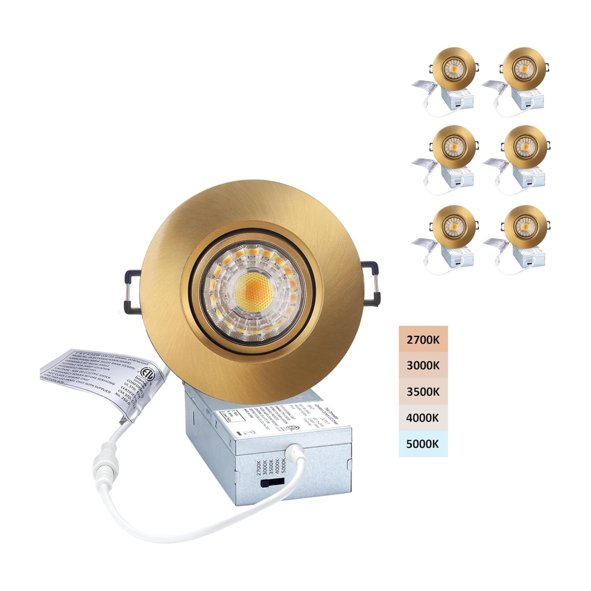 3-tommers LED-innfelte lys - 5 CCT 3-tommers Eyeball Ceilling Gimbal Potlight, dimbar innfelt lysarmatur med koblingsboks, 8W CCT Justerbar, Shiny Gold, 6P