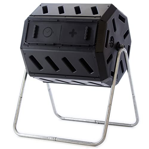 Fcmp Outdoor Im4000 Dual Chamber Tumbling Compost Kanadisk-laget, 100 % resirkulert harpiks - Utendørs roterende kompostbeholder for hage-, kjøkken- og hageavfall, svart (37 gallon)