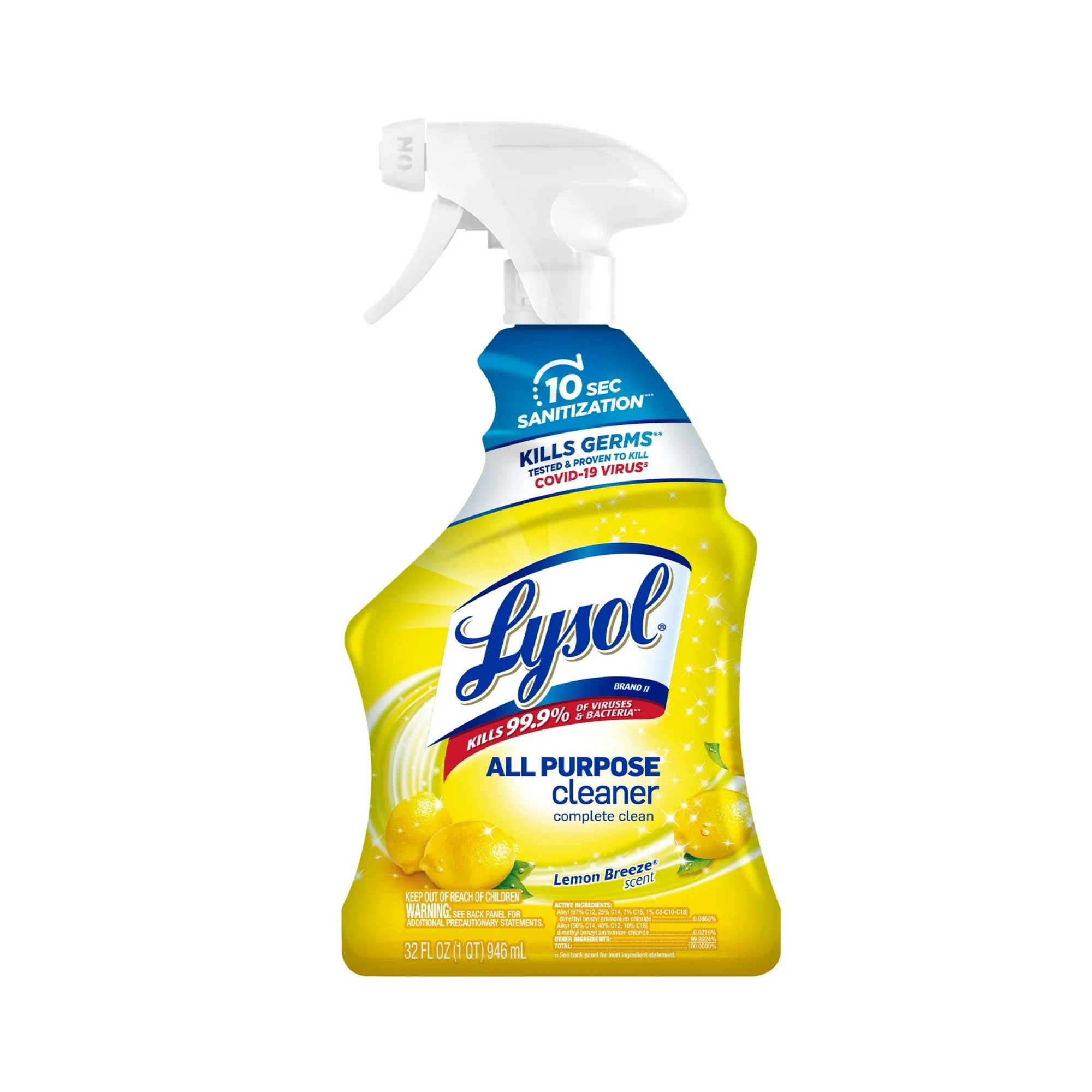 Gul flaske Lysol universalrens med hvitt sprayhode