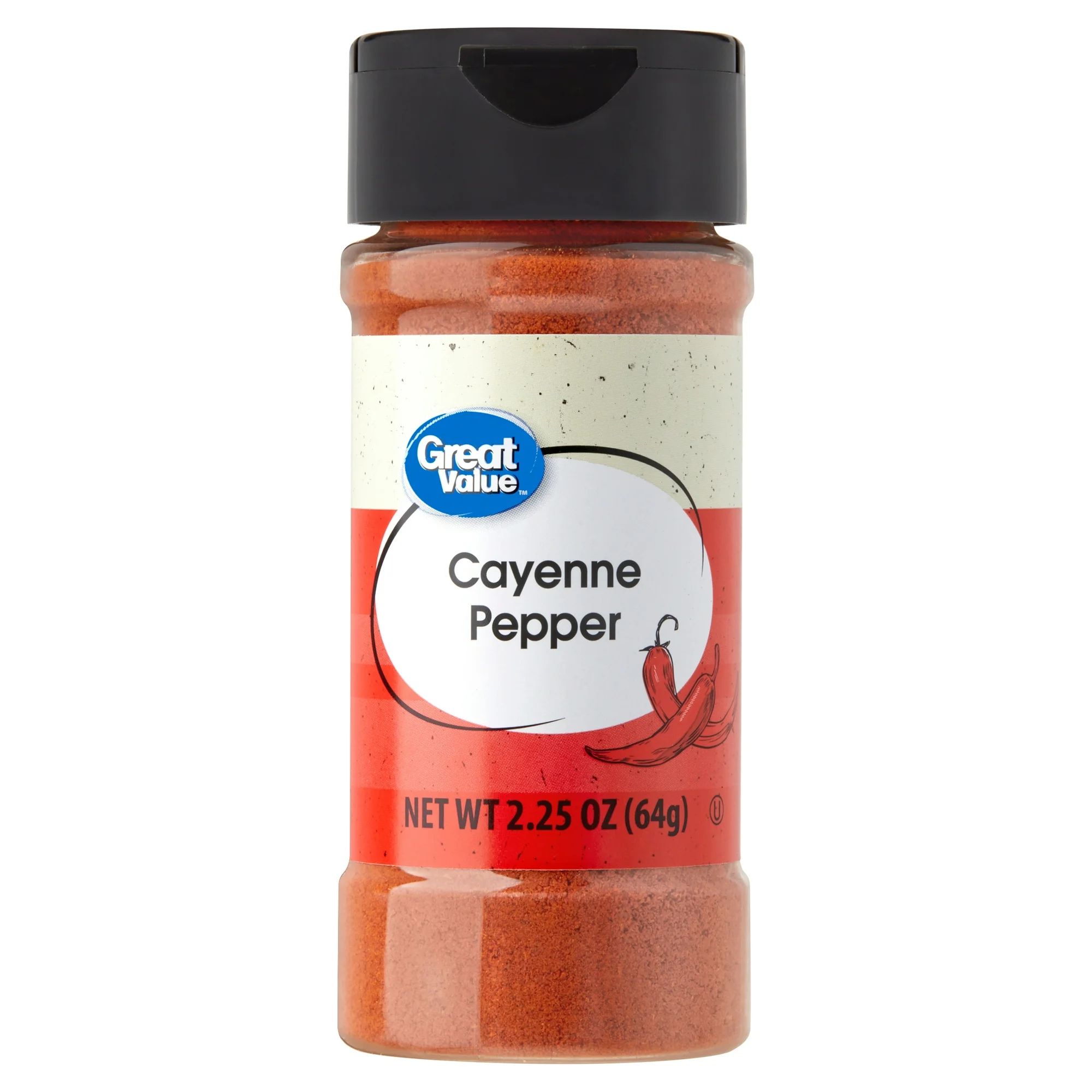 En plastflaske cayennepepper med rød og hvit etikett og svart lokk