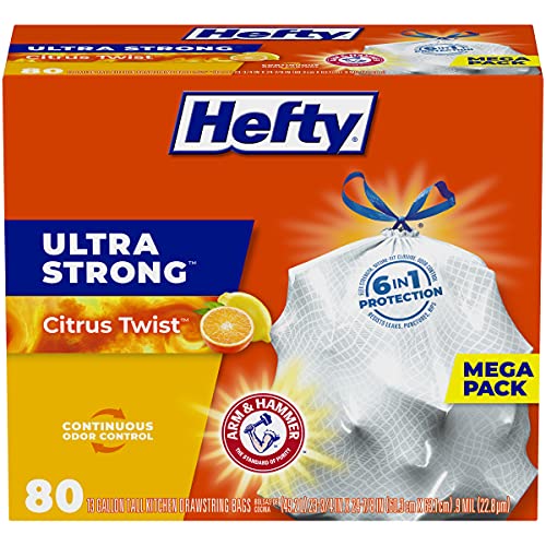 Heftige ultrasterke høye kjøkkensøppelposer, 13 gallon Citrus Twist Scent, 80 Count (pakke med 1), hvit