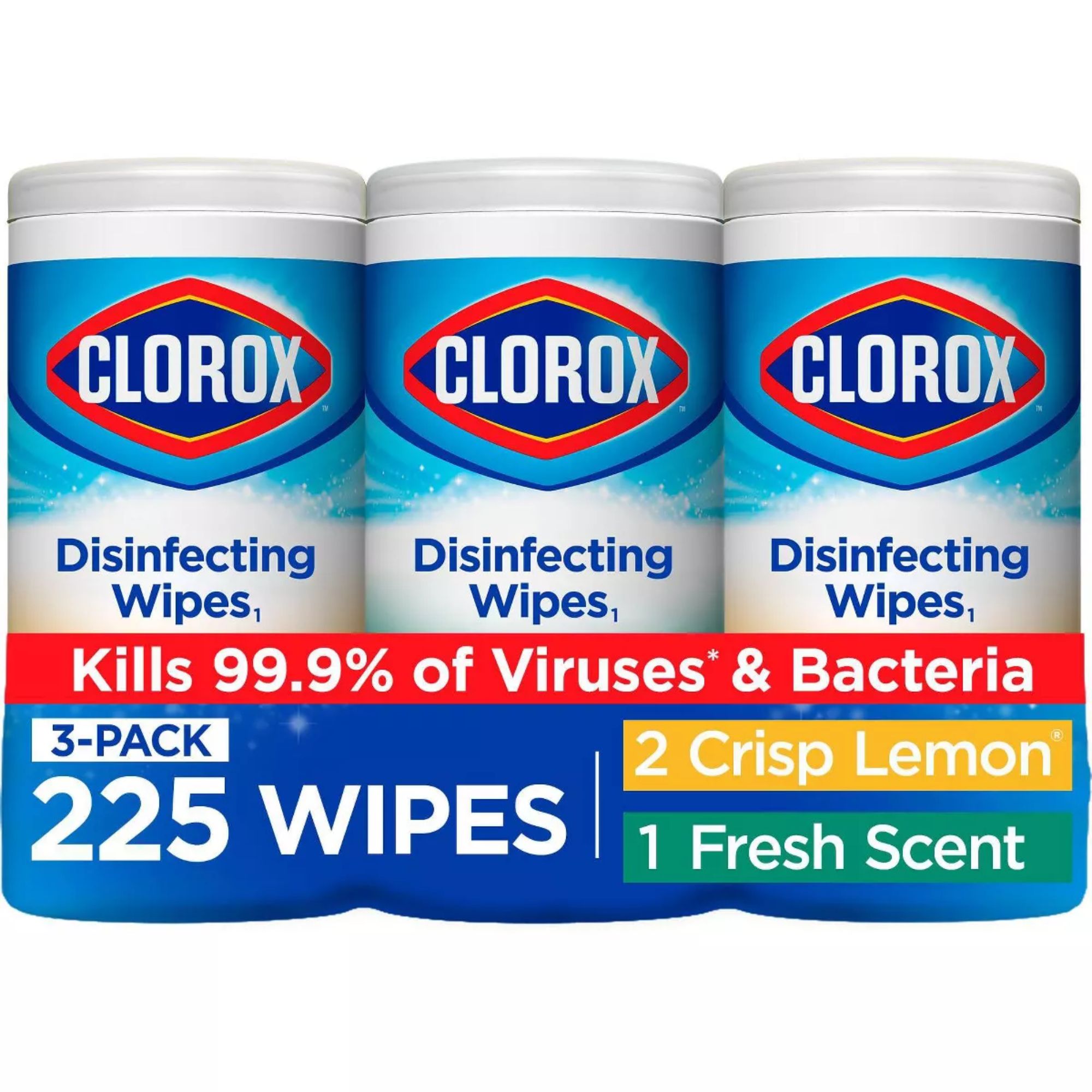 3 pakker Clorox desinfiserende kluter med hvitt lokk og blå og røde etiketter