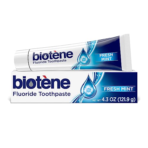 Biotène fluortannkrem for munntørrhetssymptomer, behandling av dårlig ånde og forebygging av hulrom, fersk mynte - 4,3 Oz