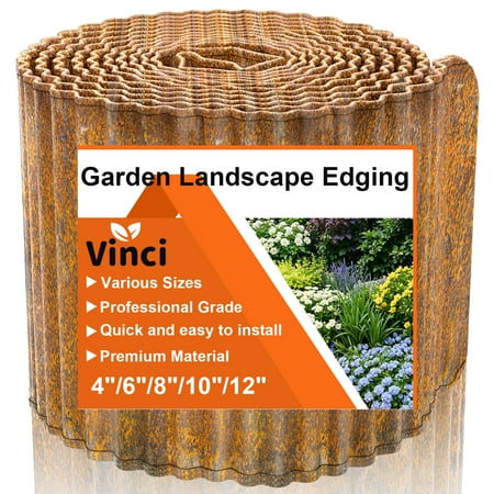 Vinci hagelandskapskant, 6 tommer x 10 fot bølgepapp, solid metall Enkel installasjon Trygg plen hagekantkanter for gjør-det-selv-blomsterbed, stier og uteplassdesign (rustet)