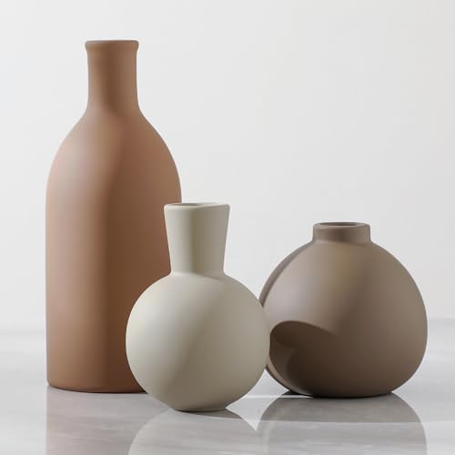 Keramikkvasesett med 3, Vaser Home Decor Rustikk Vase Farmhouse Decor Vase Terra Cotta Keramikkvaser for bukett Pampas gress Tørkede friske blomster, stue, kjøkken, soverom, bad - brun