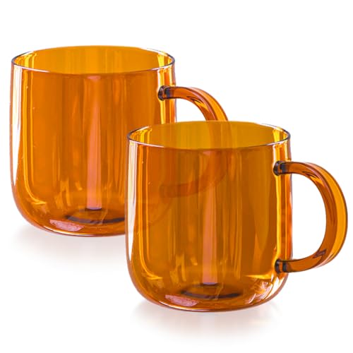 Serro glasskrus for kaffe- Slitesterk glasskaffekrus- Kaffekrussett- Slitesterke kaffekrus- Stilige ravgule drikkeglass- Allsidige kaffekrus- 2 i 1 pakke Ravfarget glasskrus
