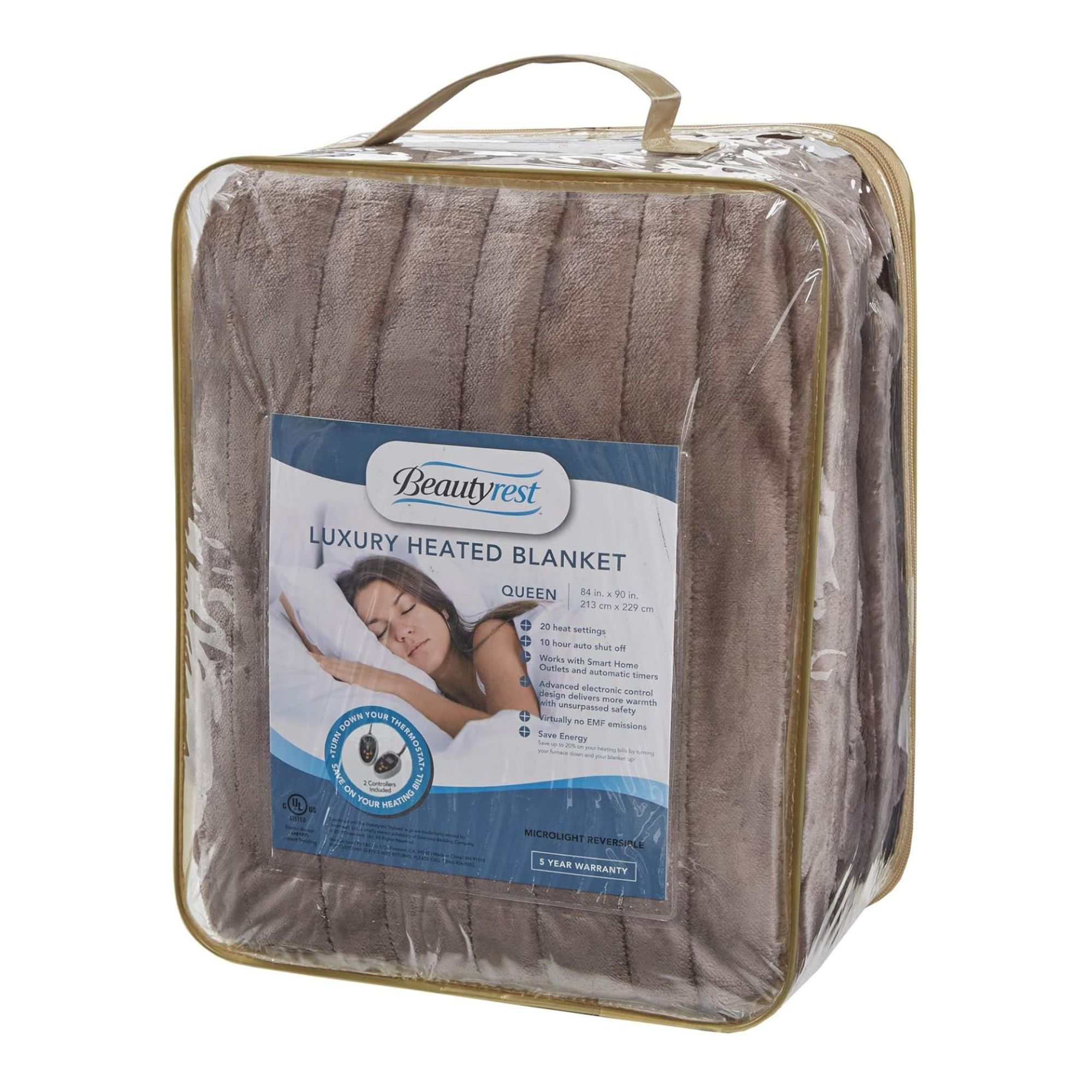 Beautyrest Luxury Heated Teppe mot en hvit bakgrunn.