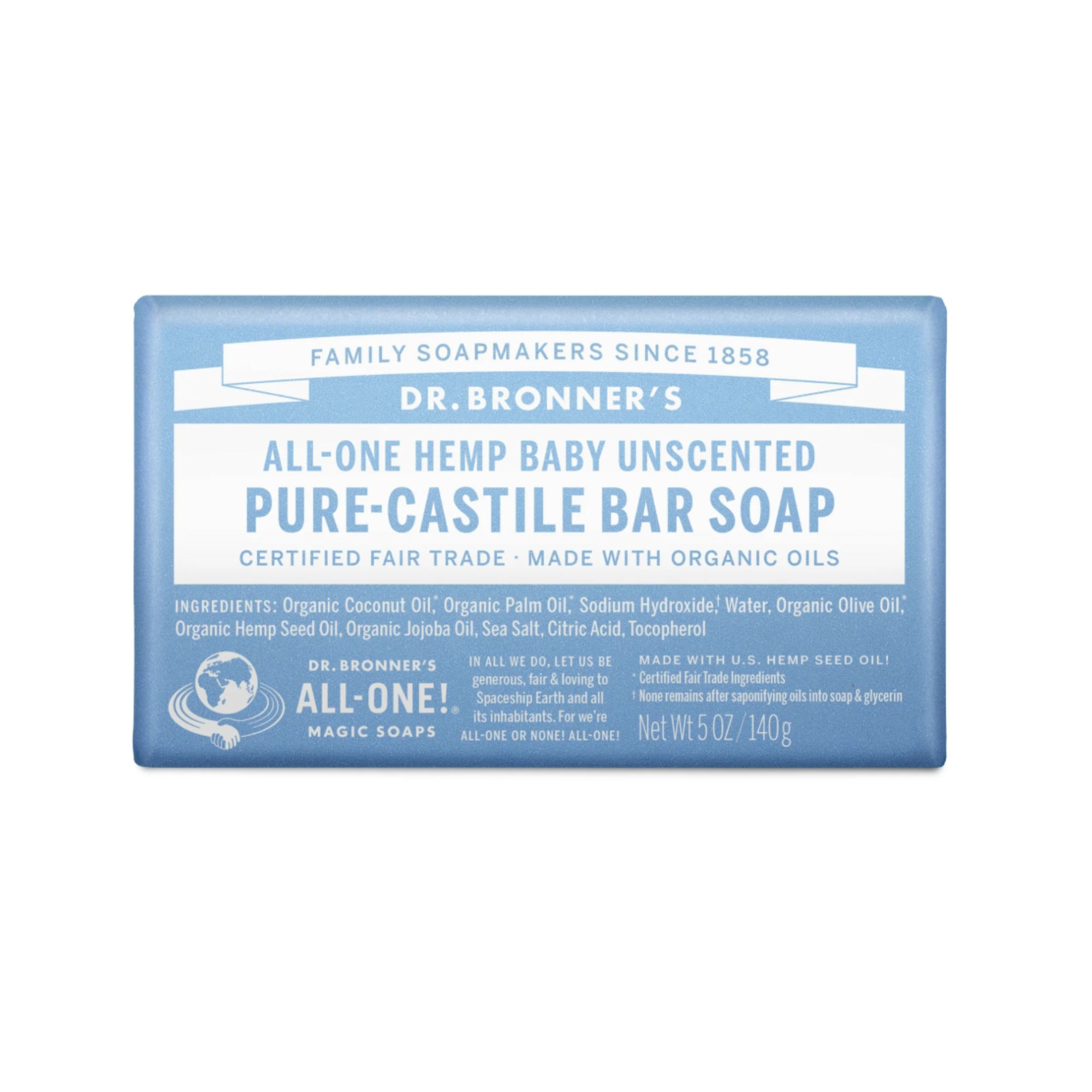 Dr. Bronner's Pure-Castile Bar Soap – Uparfymert baby – 5 oz – Voksne, barn, babyer