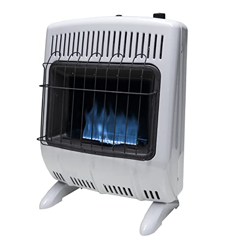 En liten hvit propanvarmer med blått flammeelement.