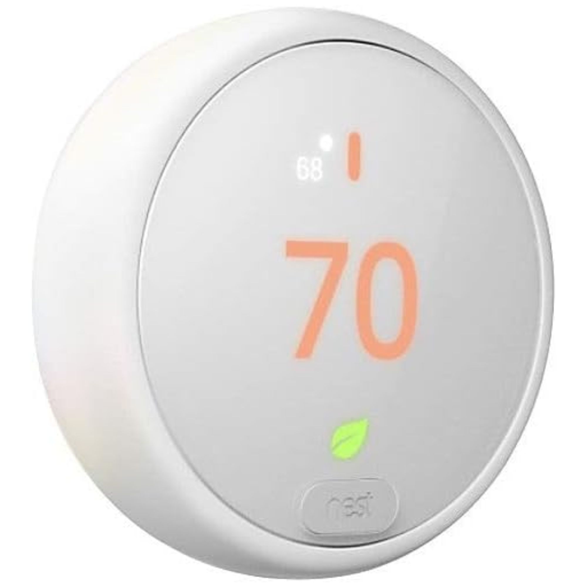 En hvit sirkulær smart termostat med oransje sifre
