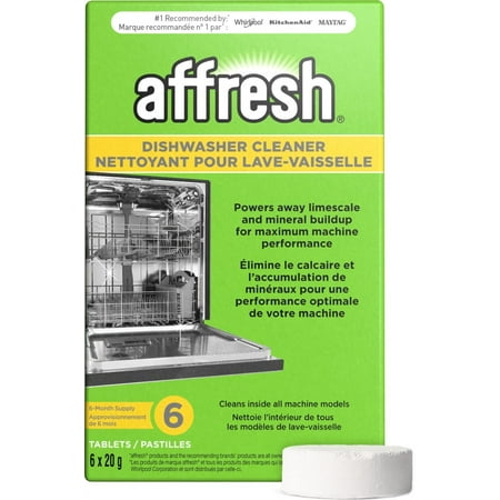 En grønn pappeske med et bilde av en sølv oppvaskmaskin foran. Affresh -merkevarebygging.