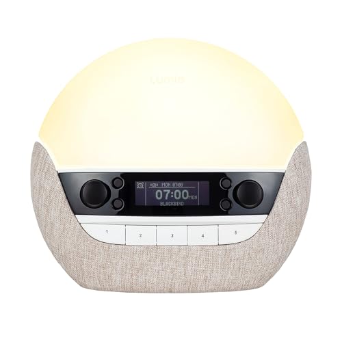 Lumie BodyClock Luxe 700fm trist lampe og vekkerklokke mot hvit bakgrunn.