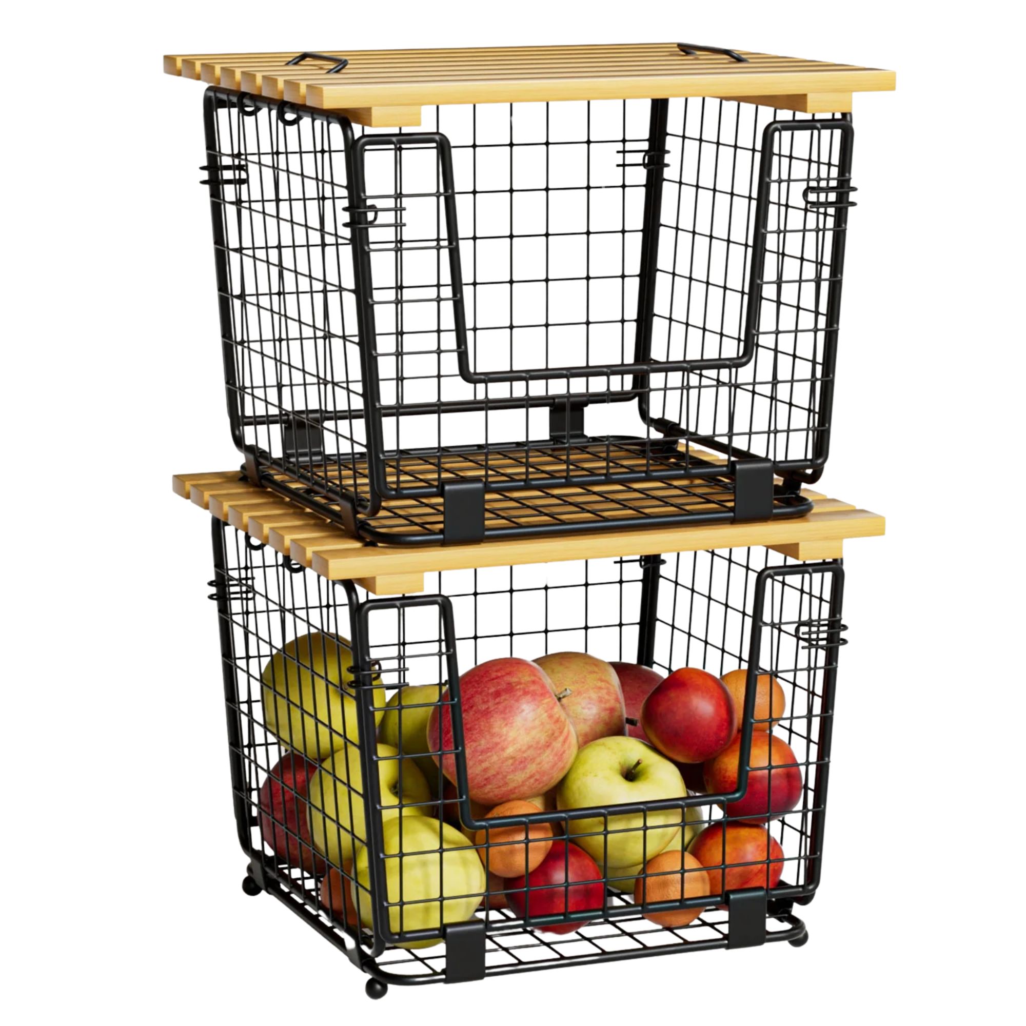 To Black Wire Pantry lagringskurver fylt med epler