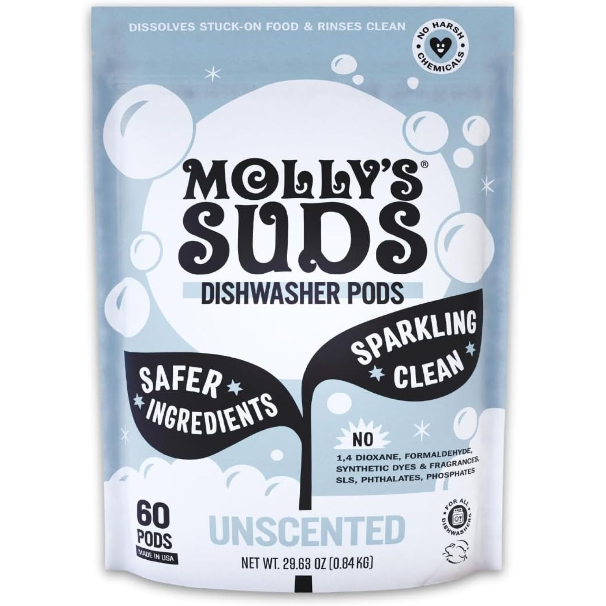 En blå, hvit og svart pakke av Mollys sudder oppvaskmaskiner med hvite bobler og svarte blader