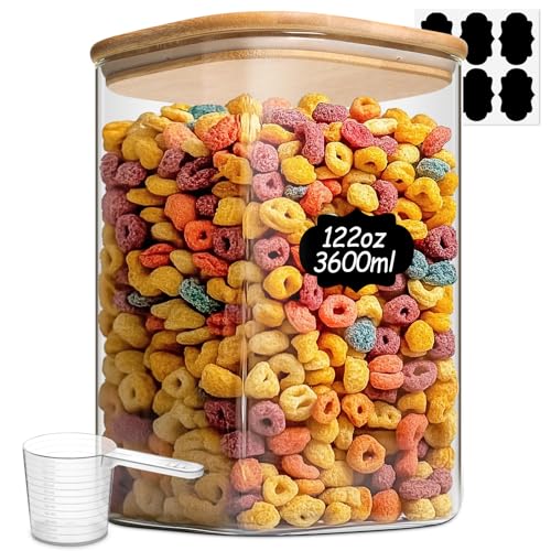 COMSAF 122 oz glassmatlagringsbeholdere, lagringsbeholdere av korn med lufttette lokk, store firkantede glasskrukker med bambuslokk, for ris, pasta, havre, korn, kaffebønner