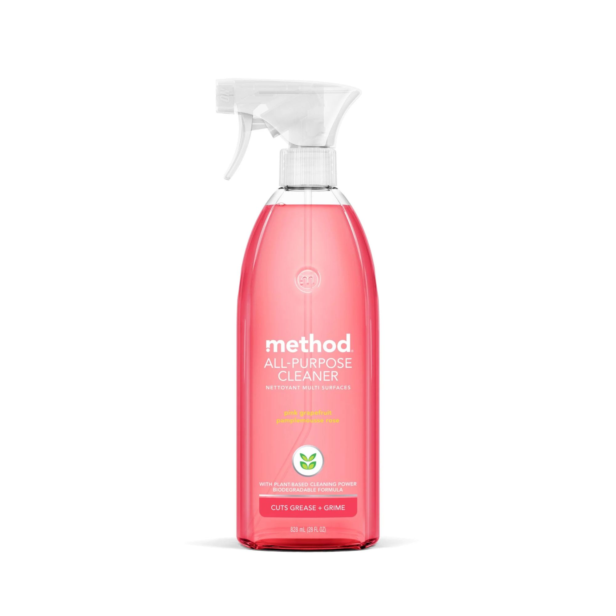 En flaske metodens rengjøringsspray med rosa væske inni den