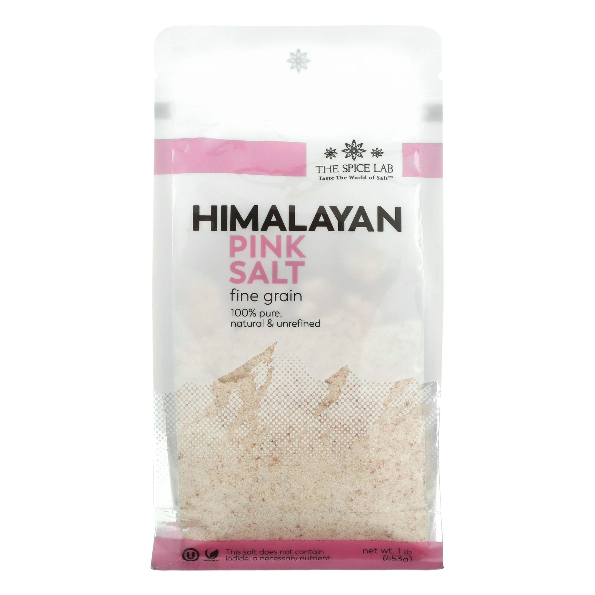 En hvit og rosa pose med Himalaya salt