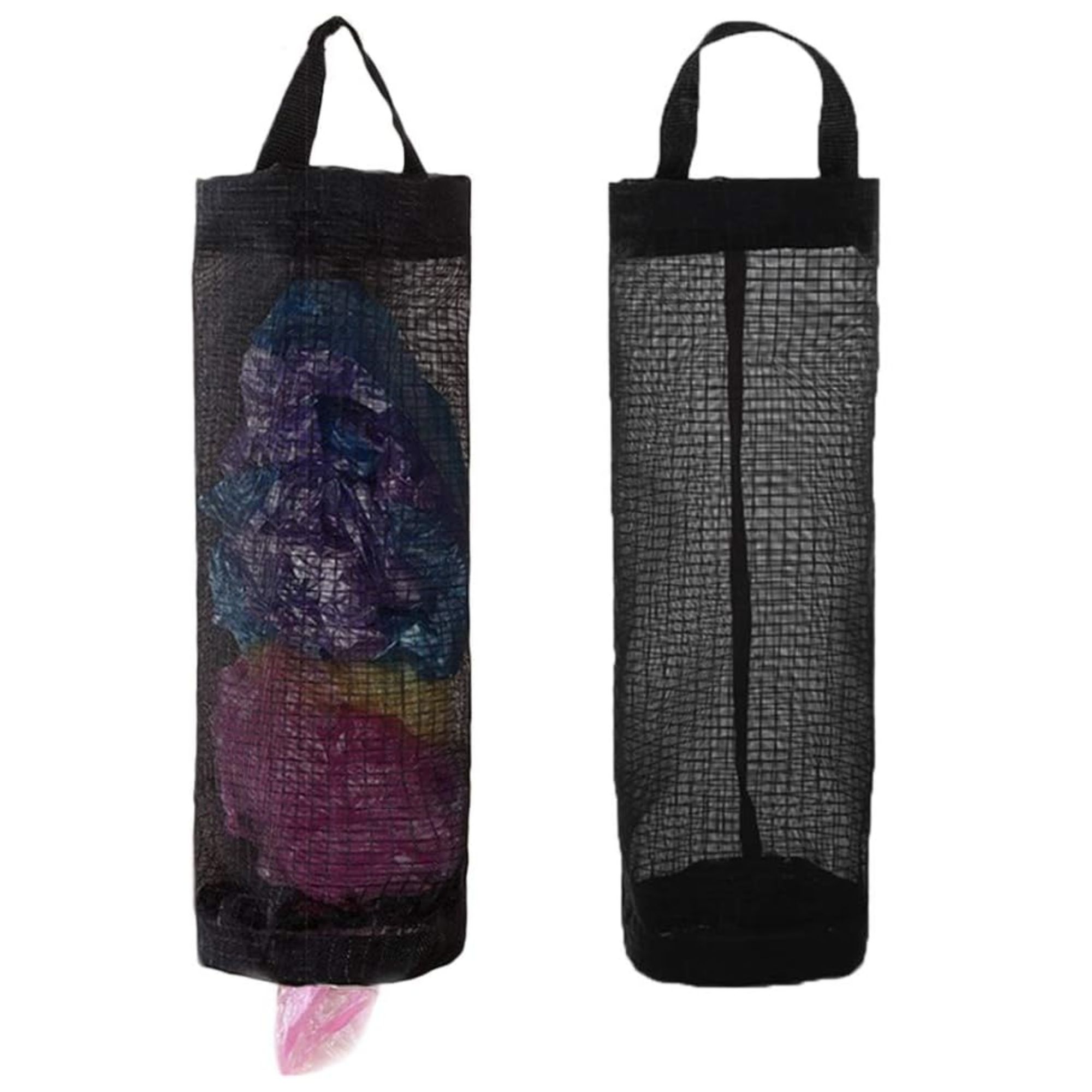 En svart mesh plastposeholder fylt med flerfarget plastpose ved siden av en tom svart plastposeholder