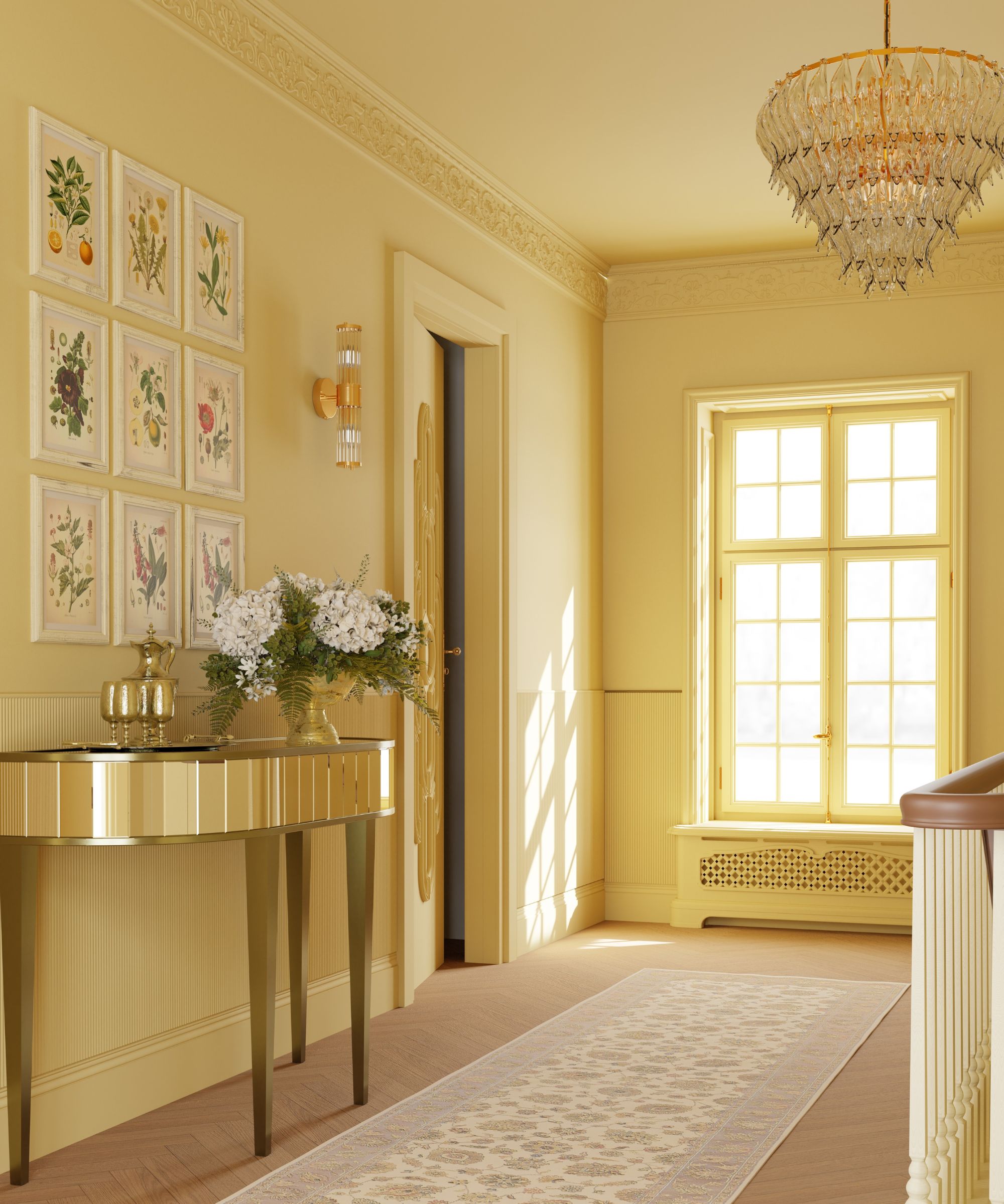 En gul inngangsparti med en vegg med botaniske utskrifter, et gullkonsollbord og et tregulv med en beige gulvløper