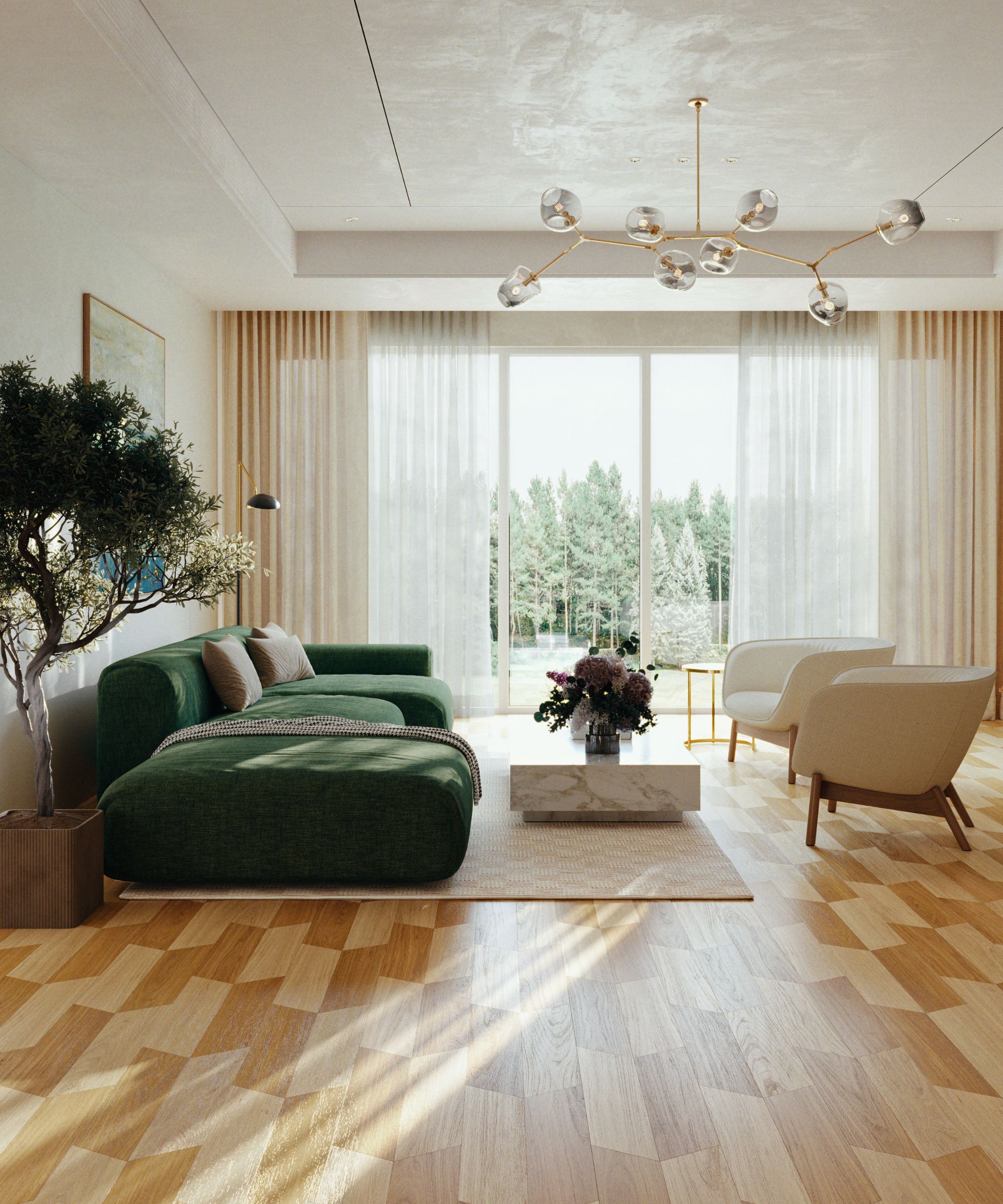 Moderne stue med vinylgulv, grønn sofa, to lenestoler, teppe og marmor salongbord foran vegg-til-vegg-vinduer og skyvevegger.