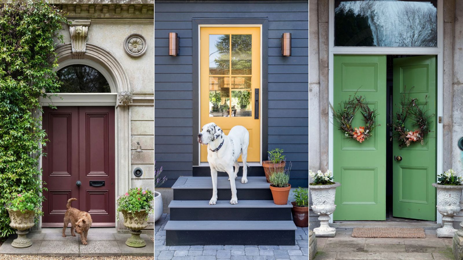 Welcoming front door colors. Burgundy front door, Yellow front door and green front door