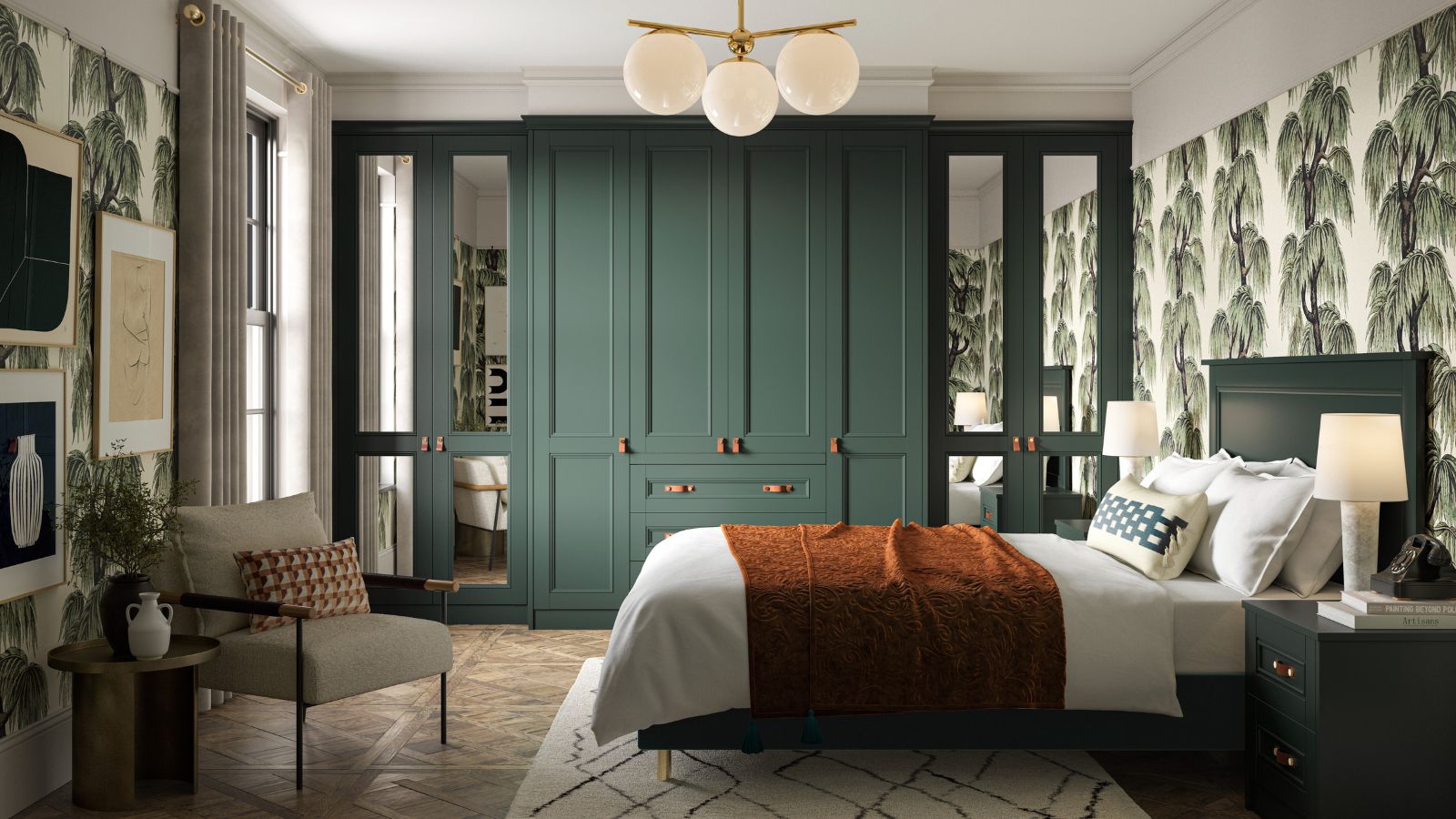 An art-deco style bedroom with a dark green built-in closet along the back wall. A bed with an orange throw over the end.