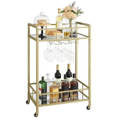 Hzuaneri Rolling Bar Cart med speil, metallservering med vinglass kroker, gull 01401GBC