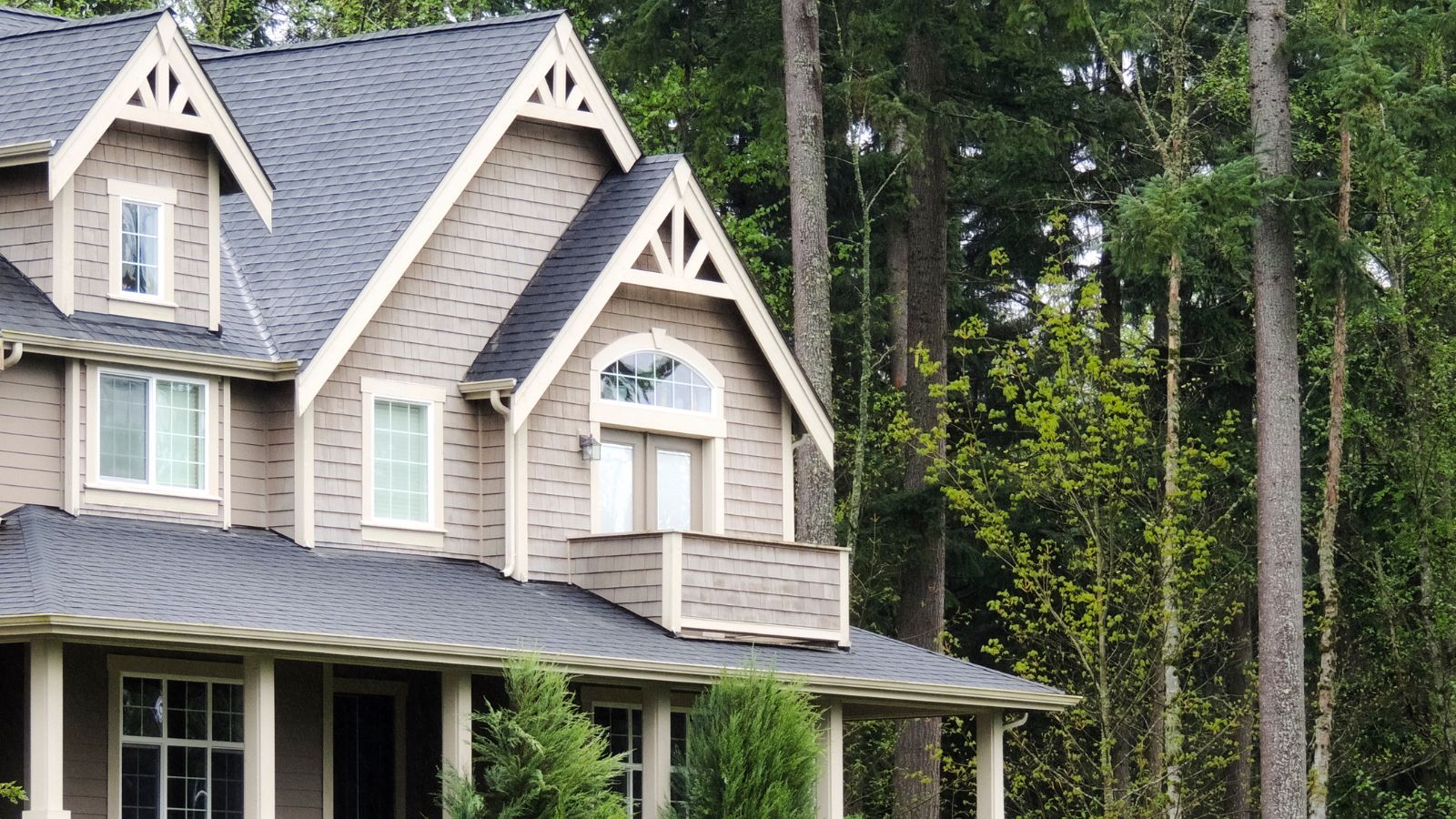 A metal roof on a large American suburban home with woodland in the background. There are many triangular peaks on the home's design