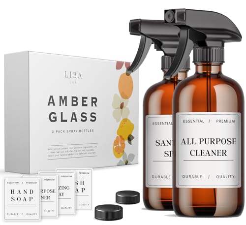 Liba Amber Glass Spray Flasker 2 Pack, 16 Oz påfyllbar tom sprayflaske for rengjøring, essensielle oljer, hår, planter, justerbar dyse for sprute og tåke, blekemiddel/eddik/gni alkohol trygt