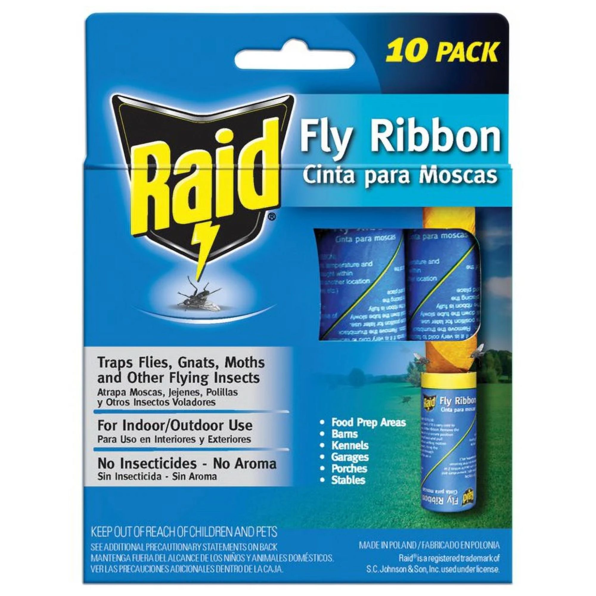 En blå papppakke med raid fluebånd