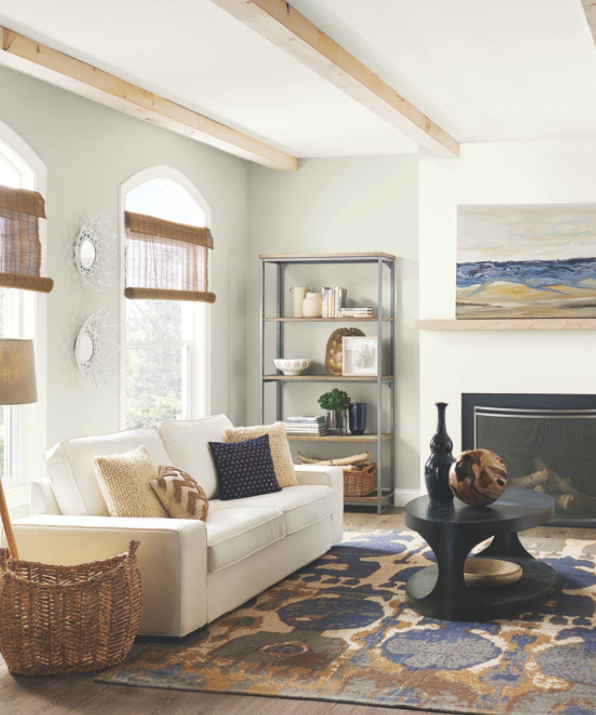 En moderne, nøytral stue med vegger i REPOSE Gray av Sherwin Williams