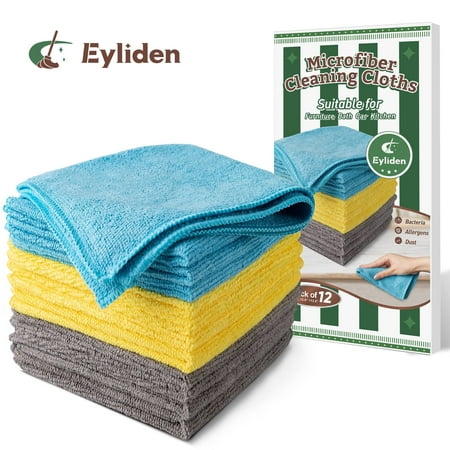Pakke med flerfargede eyliden-mikrofiber rengjøringskluter og den grønn-hvite emballasjen mot hvit bakgrunn, med Eyliden-tekst og logo avbildet i øverste høyre hjørne.