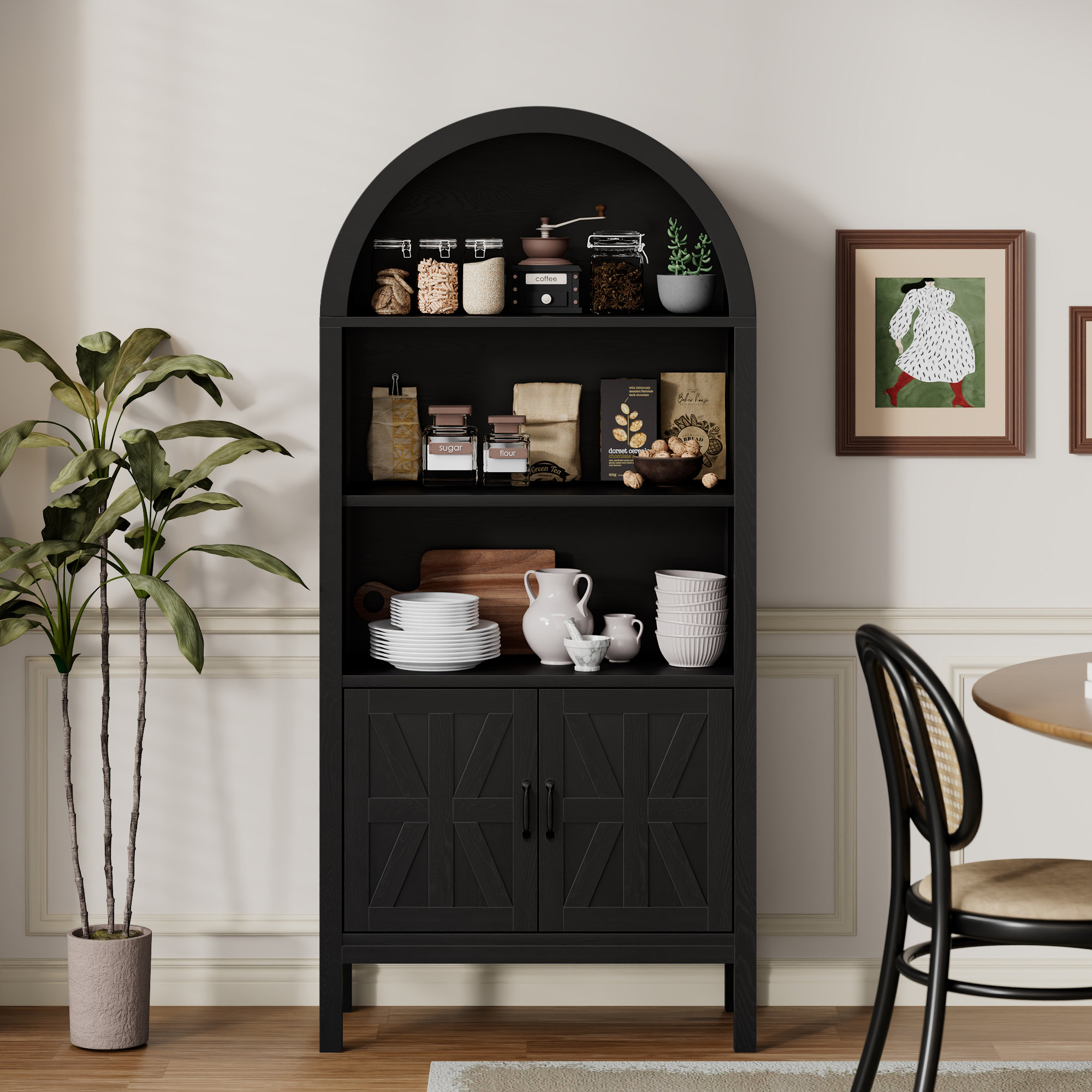 70,47*30,9 tommer Ghian Arched Display Storage Bokhylle med åpne hyller og skap