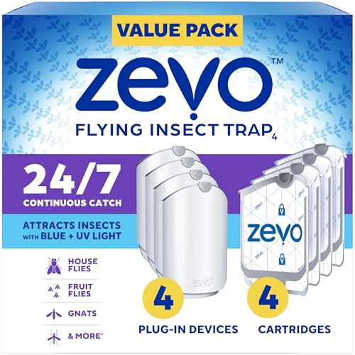 Zevo 4 Flying Insect Traps & 4 Patridges - Plug In Fly Trap & Indoor Bug Catcher for Gnats, House & Fruit Flies - Mess -Free - Bruk i ethvert rom - Bruker Blue & UV Light (4 Plug In Devices & 4 Catrrons)