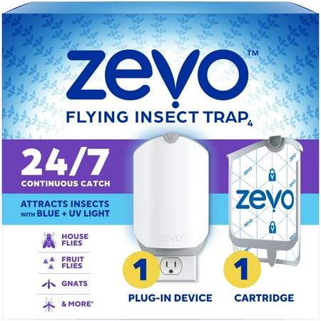 Zevo Flying Insect Indoor Fly Trap - Enkel, rotfri løsning for å felle og drepe flygende husholdningsinsekter, fanger og dreper husfluer, fruktfluer, gnats og mer (1 enhet og 1 påfyll)