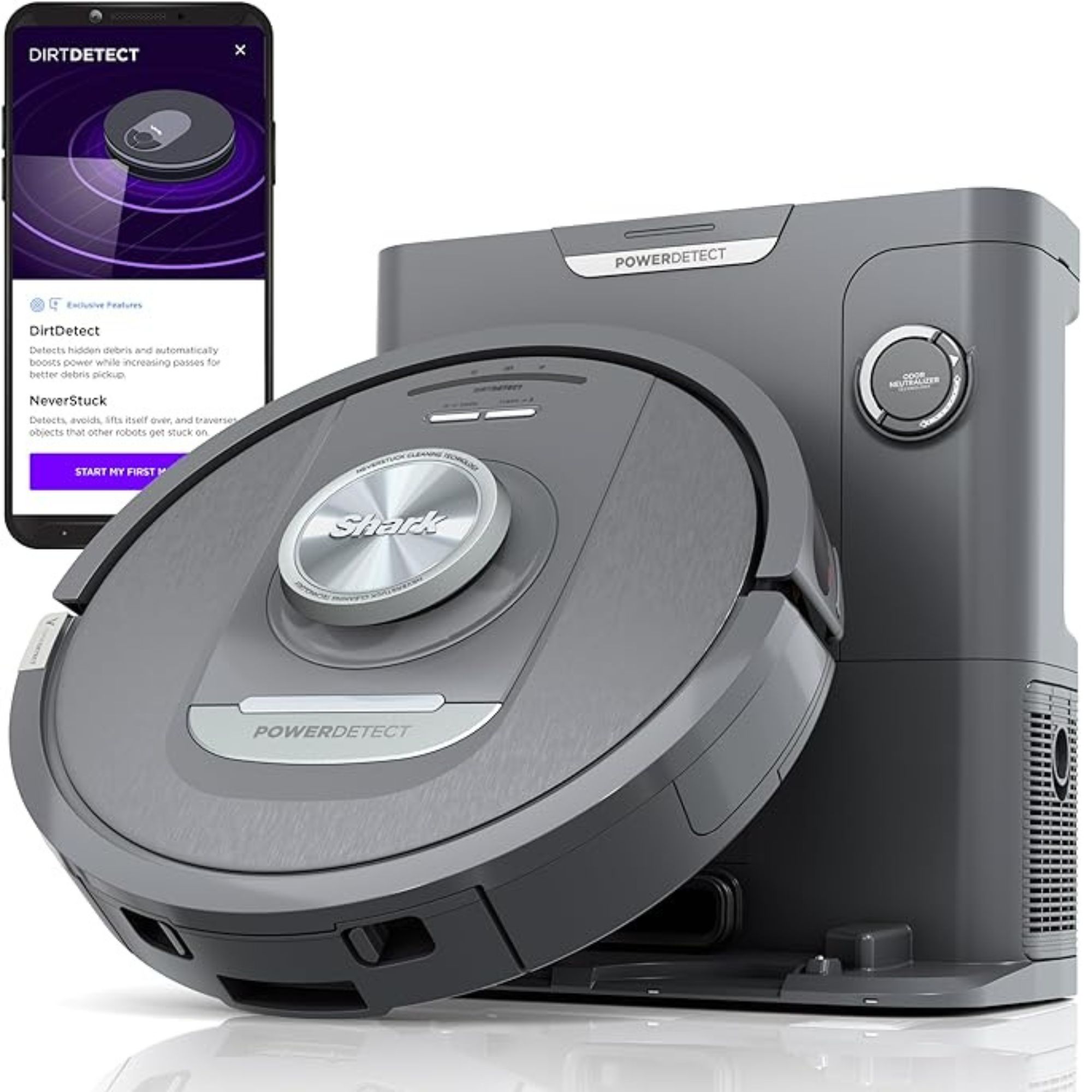 Shark PowerDetect ™ selvtatt robotvakuum med nevertouch robot vakuumrengjøringsbase og grafikk av smarttelefon som viser Sharkclean App, mot hvit bakgrunn