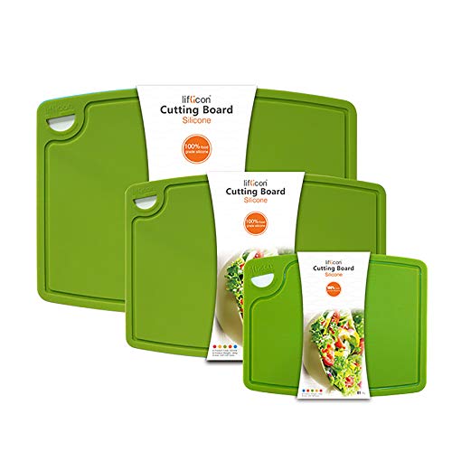 LIFLICON Silikon Tykke skjærebrett Matter Sett med 3 sammenleggbare og fleksible design Juice Riller Easy Grip Håndtak Oppvaskmaskin Safe for Kitchen, BPA Free Silicone Cutting Board-Green
