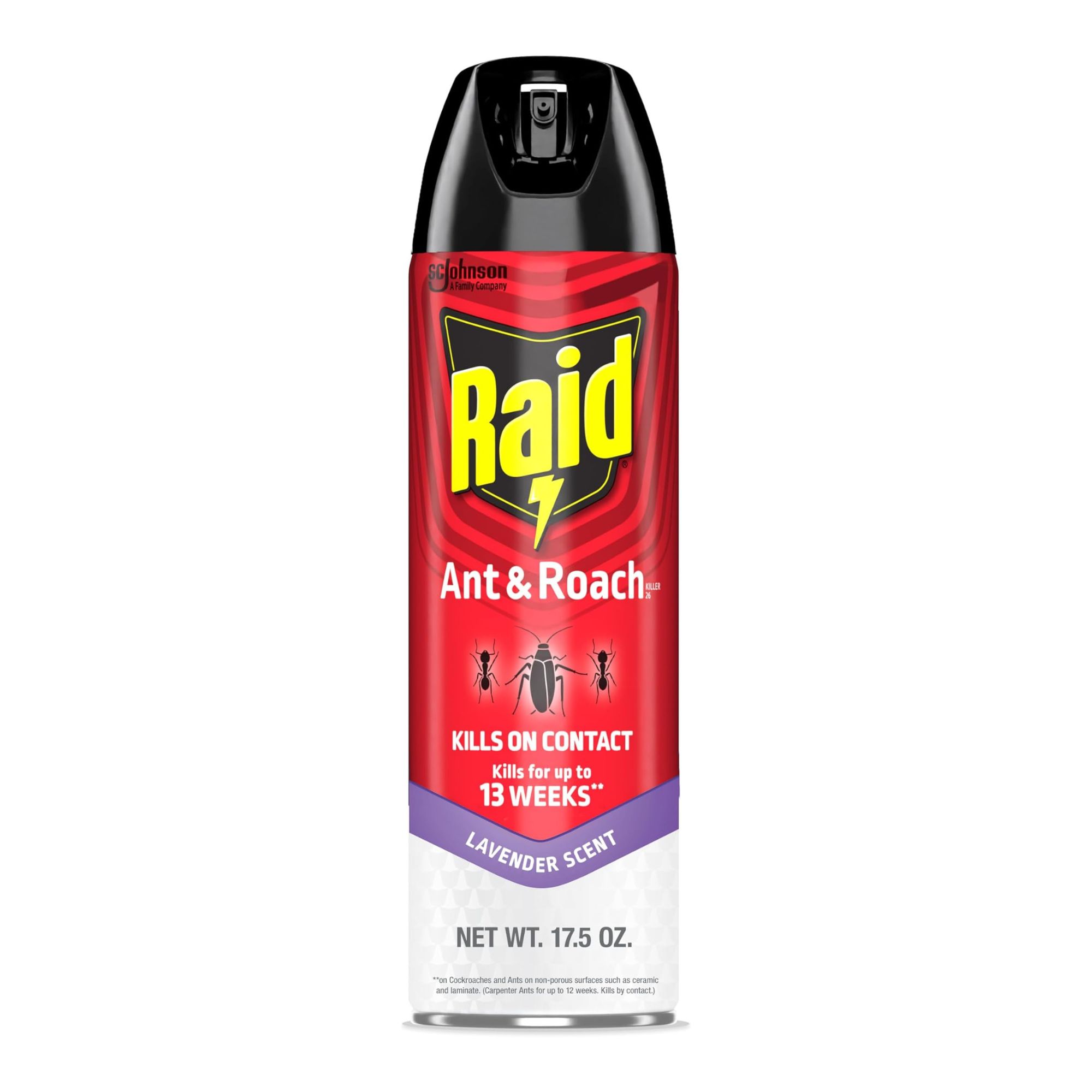 Raid Ant and Roach Killing Spray Bottle. Det er stort sett rød, med svart spray på toppen, og hvit base med etikett som sier lavendelduft