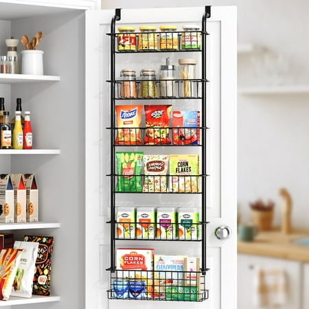 Foukus Over The Door Pantry Arrangør: 6 Tier rustfritt stål kjøkkenarrangører og lagring, hengende krydderstativ, lett å installere - svart