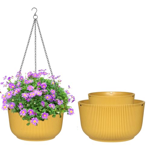 Rootrimmer hengende planters 9/10/11 tommer for innendørs planter, 3 pakke plantehenger utendørs med dreneringshull, selvvann hengende kurv blomsterpotte for hagehusdekor, gul