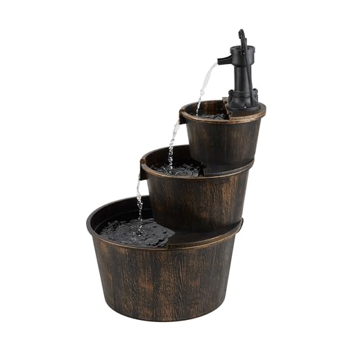 Alpine Corporation TEC234BR Outdoor Floor Tiered Rustic Pump and Barrel Water Fountain, gammeldags Waterfall, 40