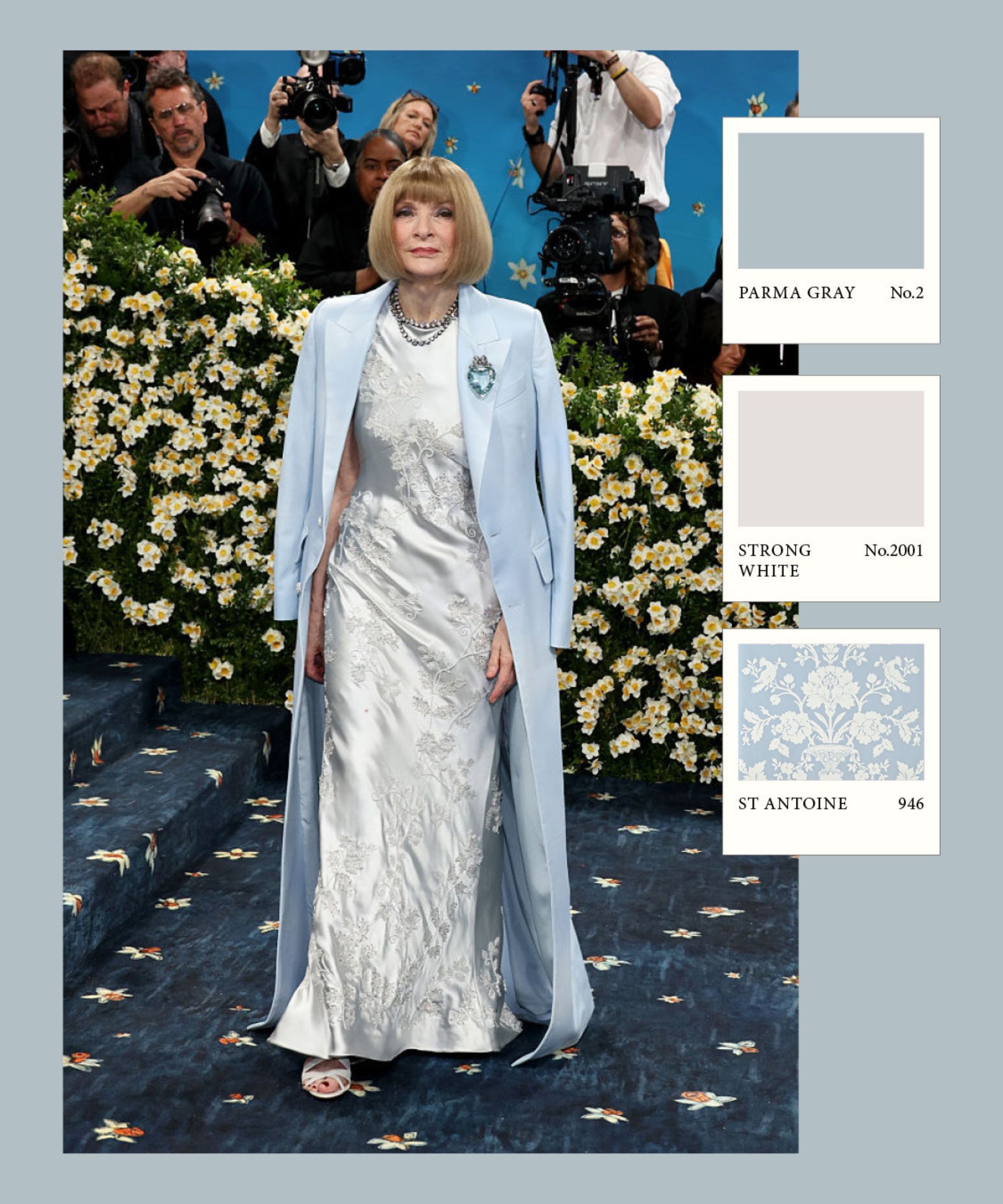Anna Wintour på Met Gala Blue Carpet iført en sateng babyblå kjole